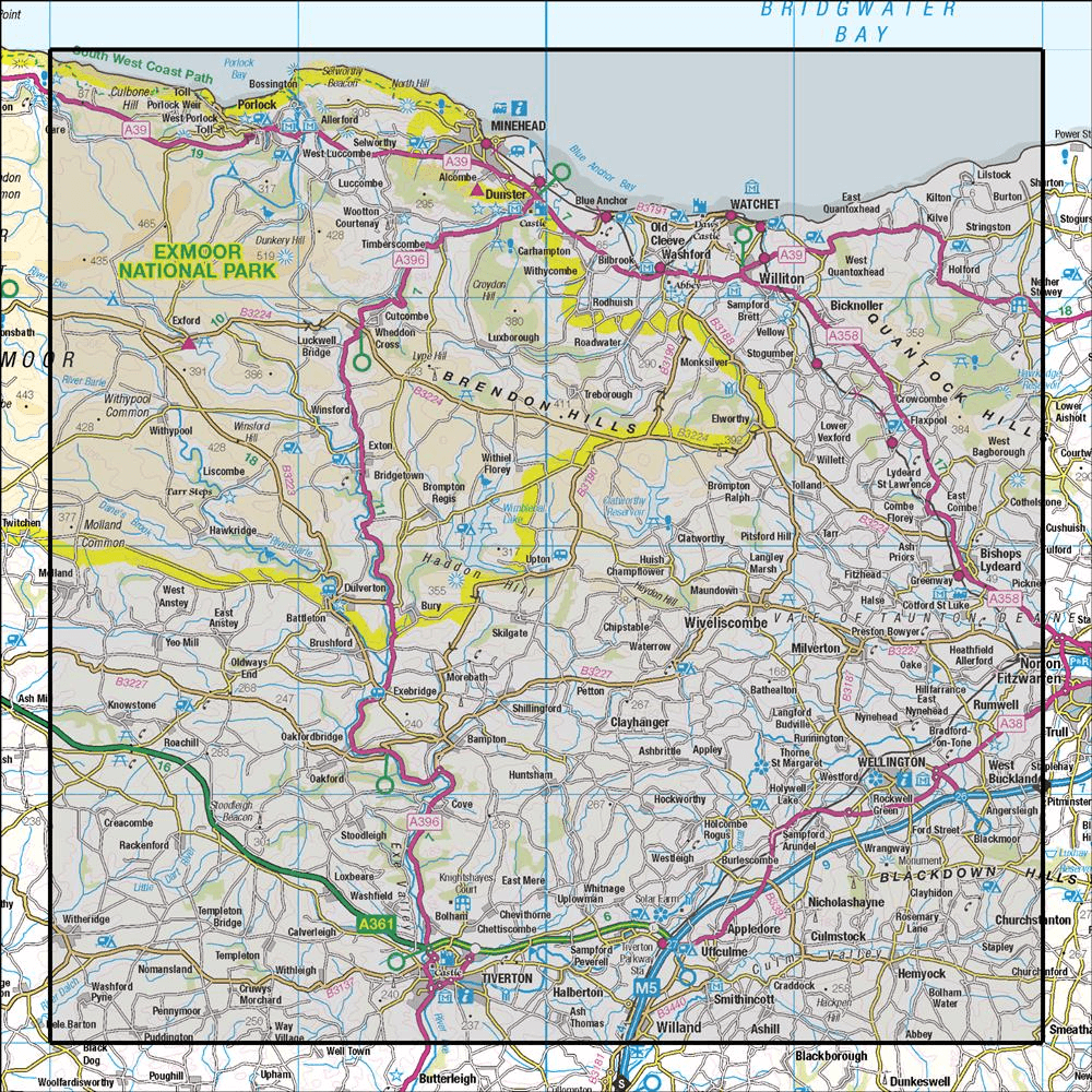 Outdoor Map Navigator image showing the area of the 1:50,000 scale Ordnance Survey Landranger map 181 Minehead & Brendon Hills Dulverton & Tiverton