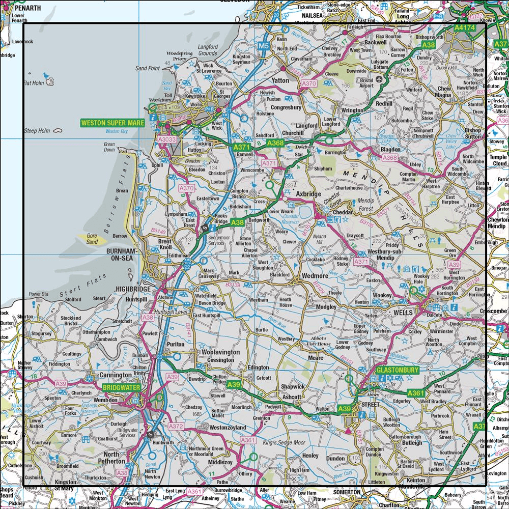 Outdoor Map Navigator image showing the area of the 1:50,000 scale Ordnance Survey Landranger map 182 Weston-super-Mare Bridgwater & Wells