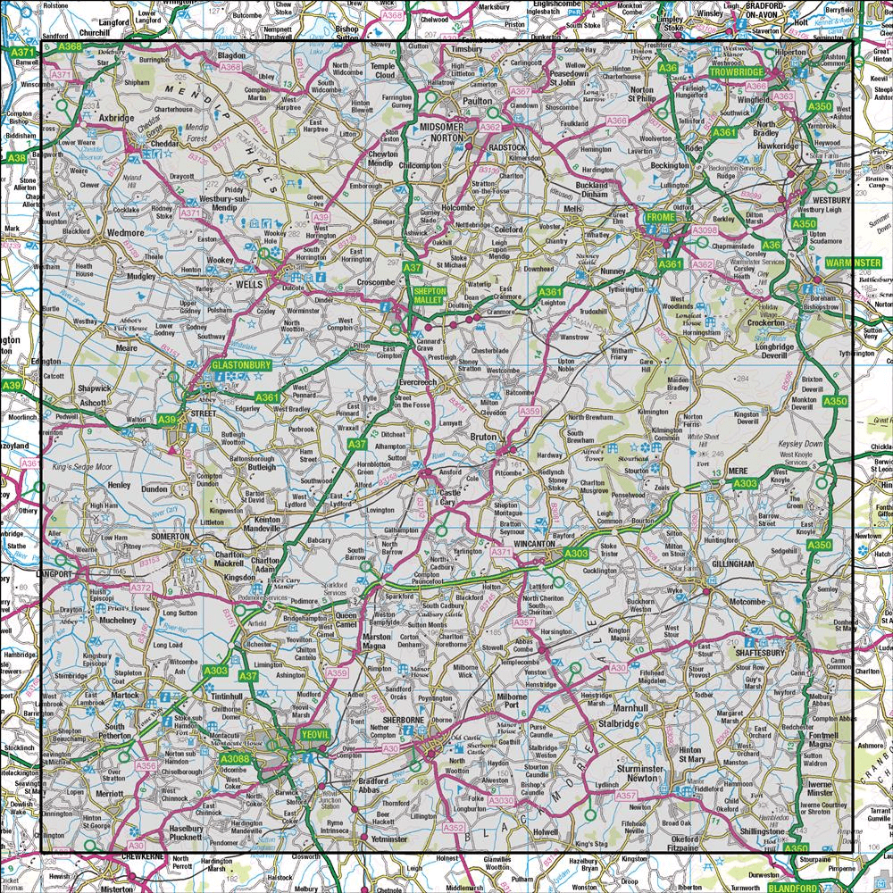 Outdoor Map Navigator image showing the area of the 1:50,000 scale Ordnance Survey Landranger map 183 Yeovil & Frome Shaftesbury & Shepton Mallet