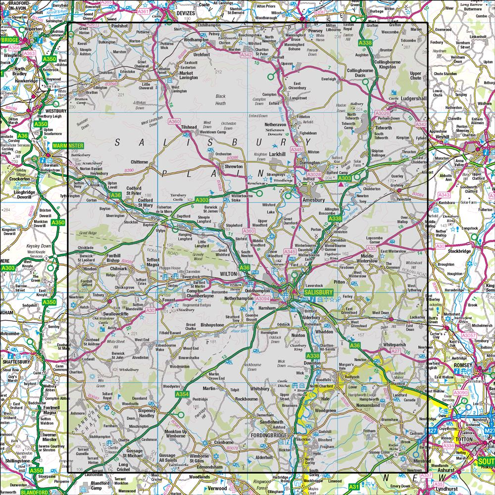 Outdoor Map Navigator image showing the area of the 1:50,000 scale Ordnance Survey Landranger map 184 Salisbury & The Plain Amesbury
