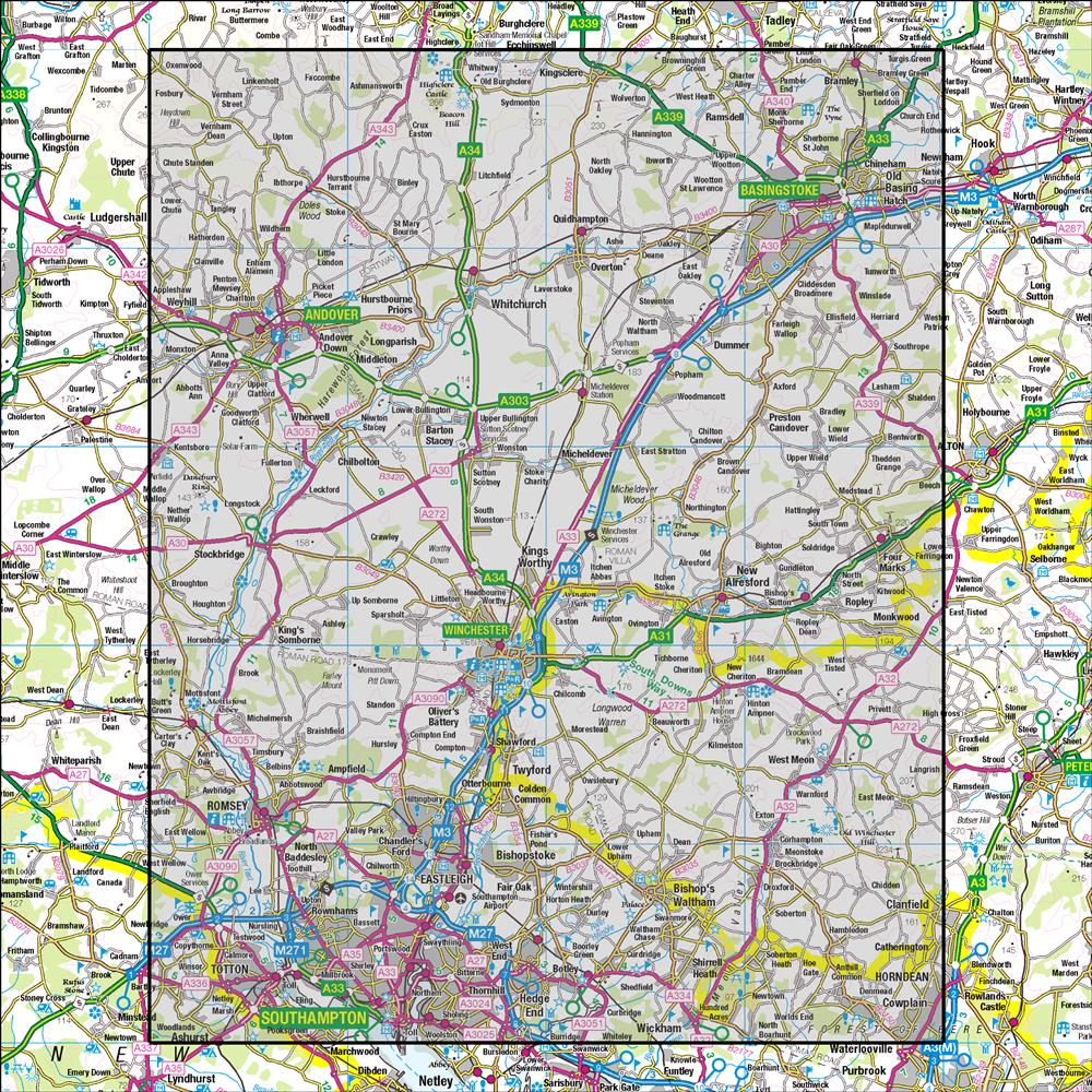 Outdoor Map Navigator image showing the area of the 1:50,000 scale Ordnance Survey Landranger map 185 Winchester & Basingstoke Andover & Romsey