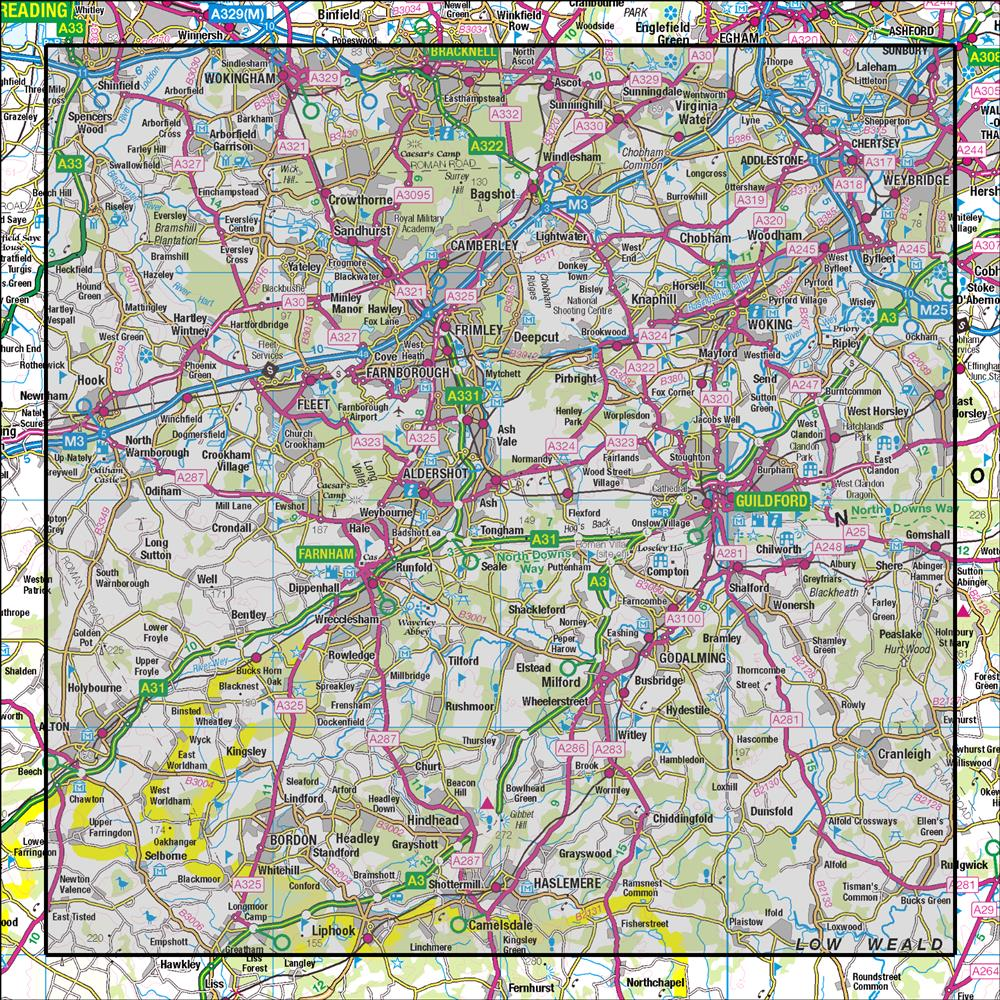 Outdoor Map Navigator image showing the area of the 1:50,000 scale Ordnance Survey Landranger map 186 Aldershot & Guildford Camberley & Haslemere