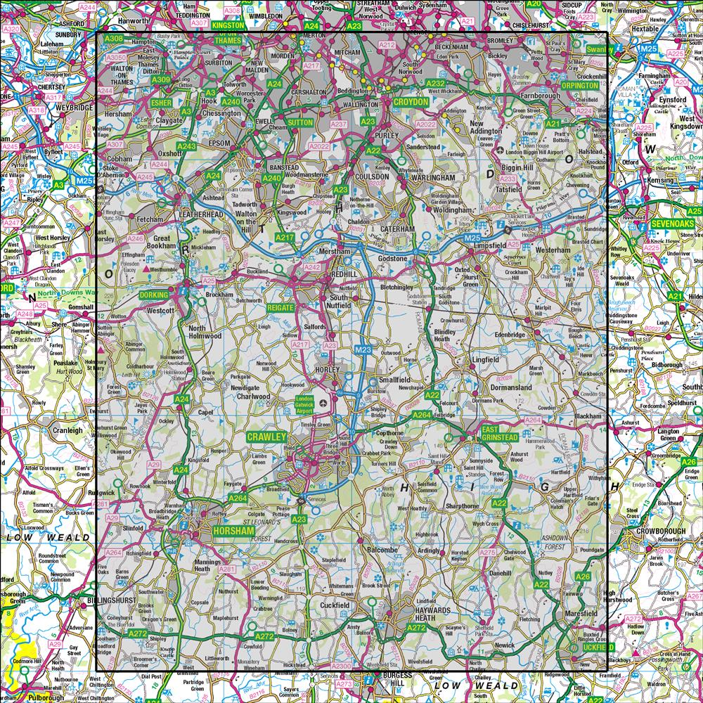 Outdoor Map Navigator image showing the area of the 1:50,000 scale Ordnance Survey Landranger map 187 Dorking & Reigate Crawley & Horsham