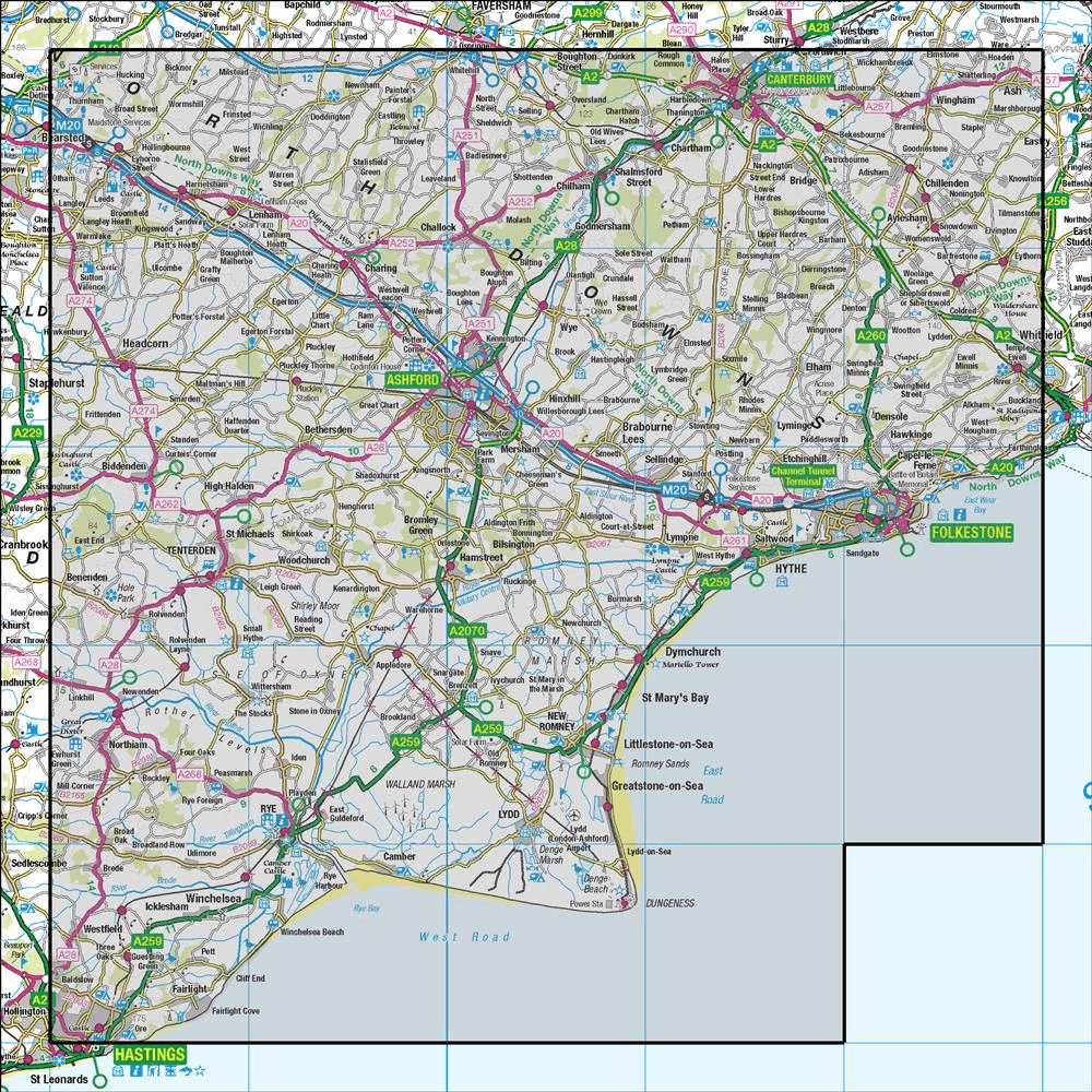 Outdoor Map Navigator image showing the area of the 1:50,000 scale Ordnance Survey Landranger map 189 Ashford & Romney Marsh Rye & Folkestone