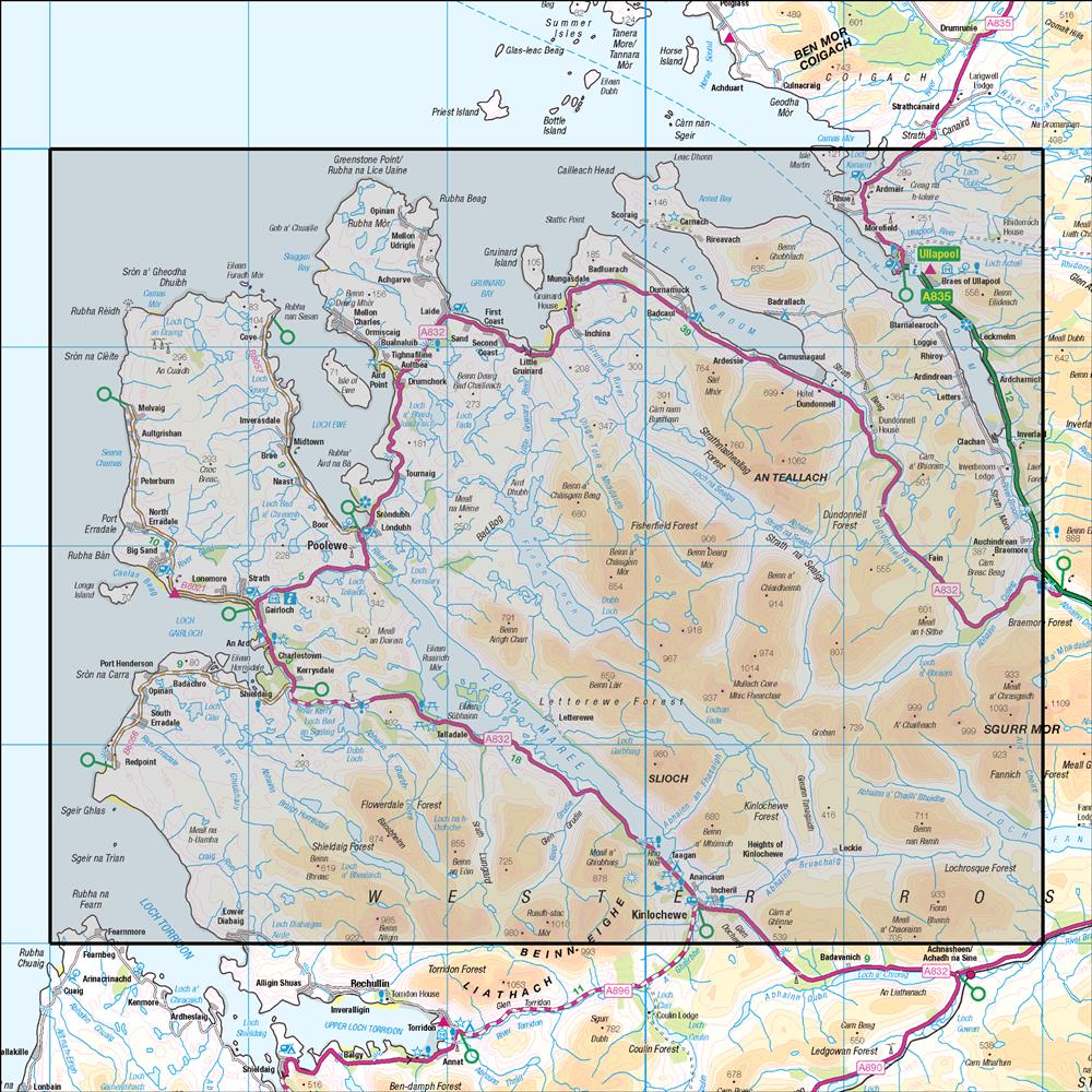 Outdoor Map Navigator image showing the area of the 1:50,000 scale Ordnance Survey Landranger map 19 Gairloch & Ullapool Loch Maree