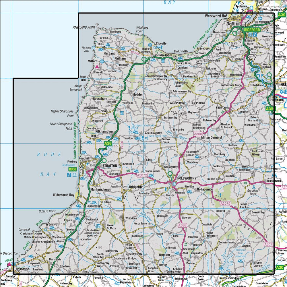Outdoor Map Navigator image showing the area of the 1:50,000 scale Ordnance Survey Landranger map 190 Bude & Clovelly Boscastle & Holsworthy