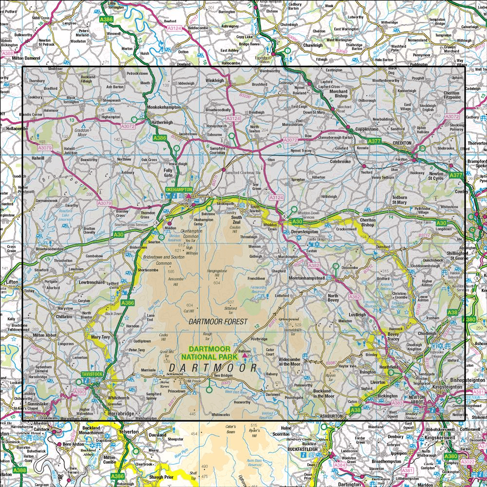 Outdoor Map Navigator image showing the area of the 1:50,000 scale Ordnance Survey Landranger map 191 Okehampton & North Dartmoor Crediton & Bovey Tracey