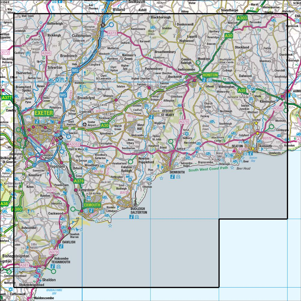 Outdoor Map Navigator image showing the area of the 1:50,000 scale Ordnance Survey Landranger map 192 Exeter & Sidmouth Exmouth & Teignmouth