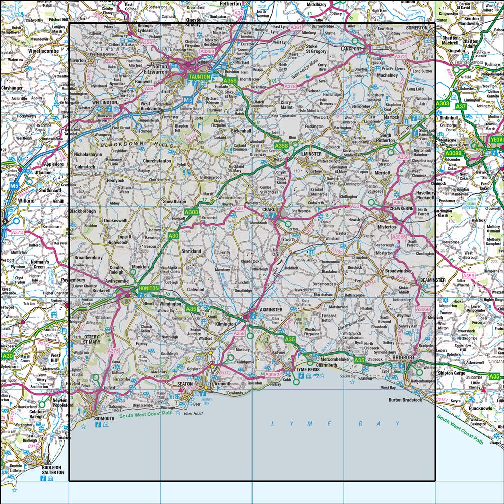 Outdoor Map Navigator image showing the area of the 1:50,000 scale Ordnance Survey Landranger map 193 Taunton & Lyme Regis Chard & Bridport