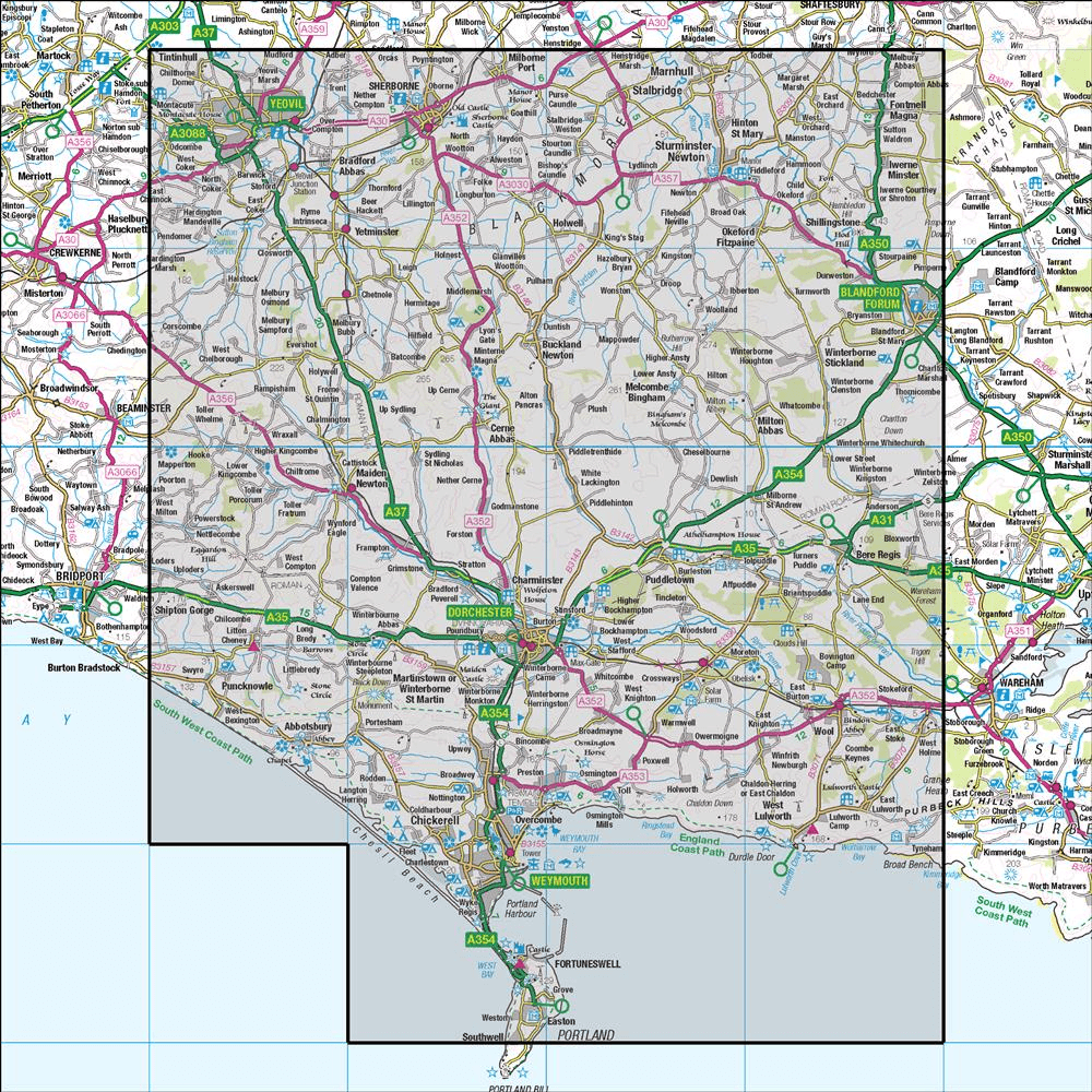 Outdoor Map Navigator image showing the area of the 1:50,000 scale Ordnance Survey Landranger map 194 Dorchester & Weymouth Cerne Abbas & Bere Regis