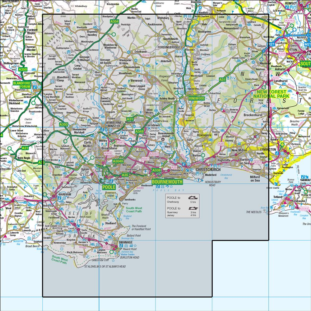 Outdoor Map Navigator image showing the area of the 1:50,000 scale Ordnance Survey Landranger map 195 Bournemouth & Purbeck Wimborne Minster & Ringwood