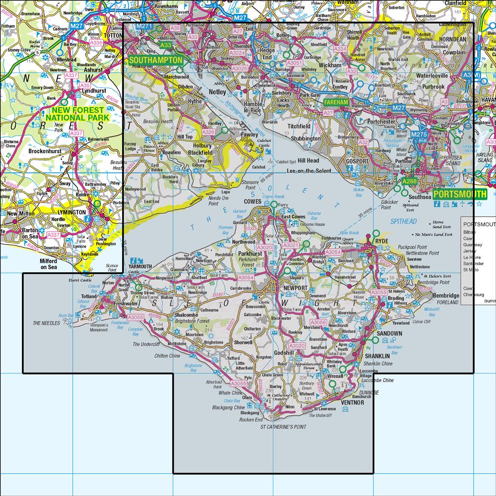 Outdoor Map Navigator image showing the area of the 1:50,000 scale Ordnance Survey Landranger map 196 The Solent & Isle of Wight