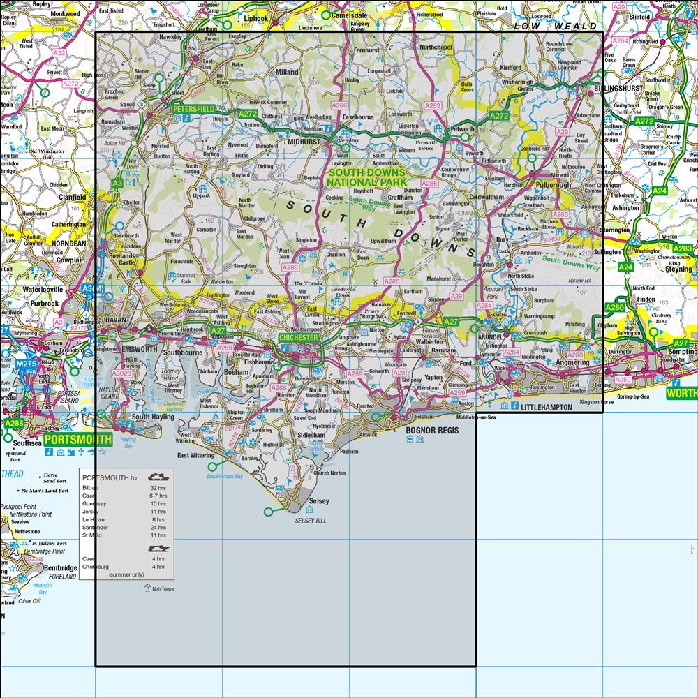Outdoor Map Navigator image showing the area of the 1:50,000 scale Ordnance Survey Landranger map 197 Chichester & South Downs
