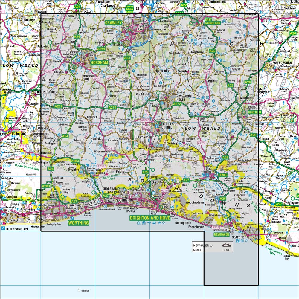 Outdoor Map Navigator image showing the area of the 1:50,000 scale Ordnance Survey Landranger map 198 Brighton & Lewes Worthing, Horsham & Haywards Heath