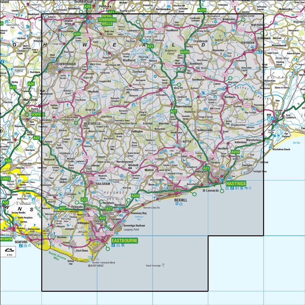 Outdoor Map Navigator image showing the area of the 1:50,000 scale Ordnance Survey Landranger map 199 Eastbourne & Hastings Crowborough, Battle & Heathfield