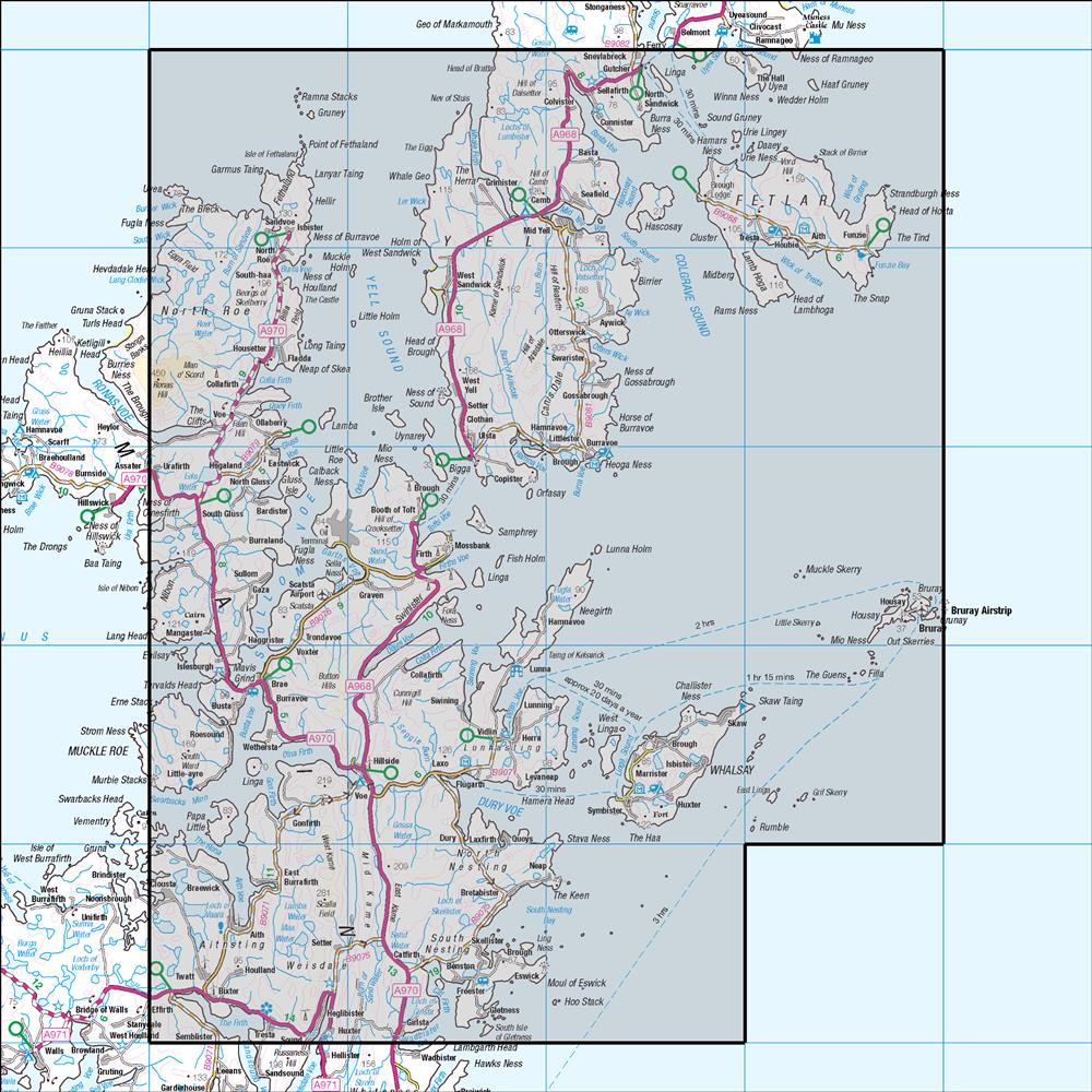 Outdoor Map Navigator image showing the area of the 1:50,000 scale Ordnance Survey Landranger map 2 Shetland Sullom Voe & Whalsay