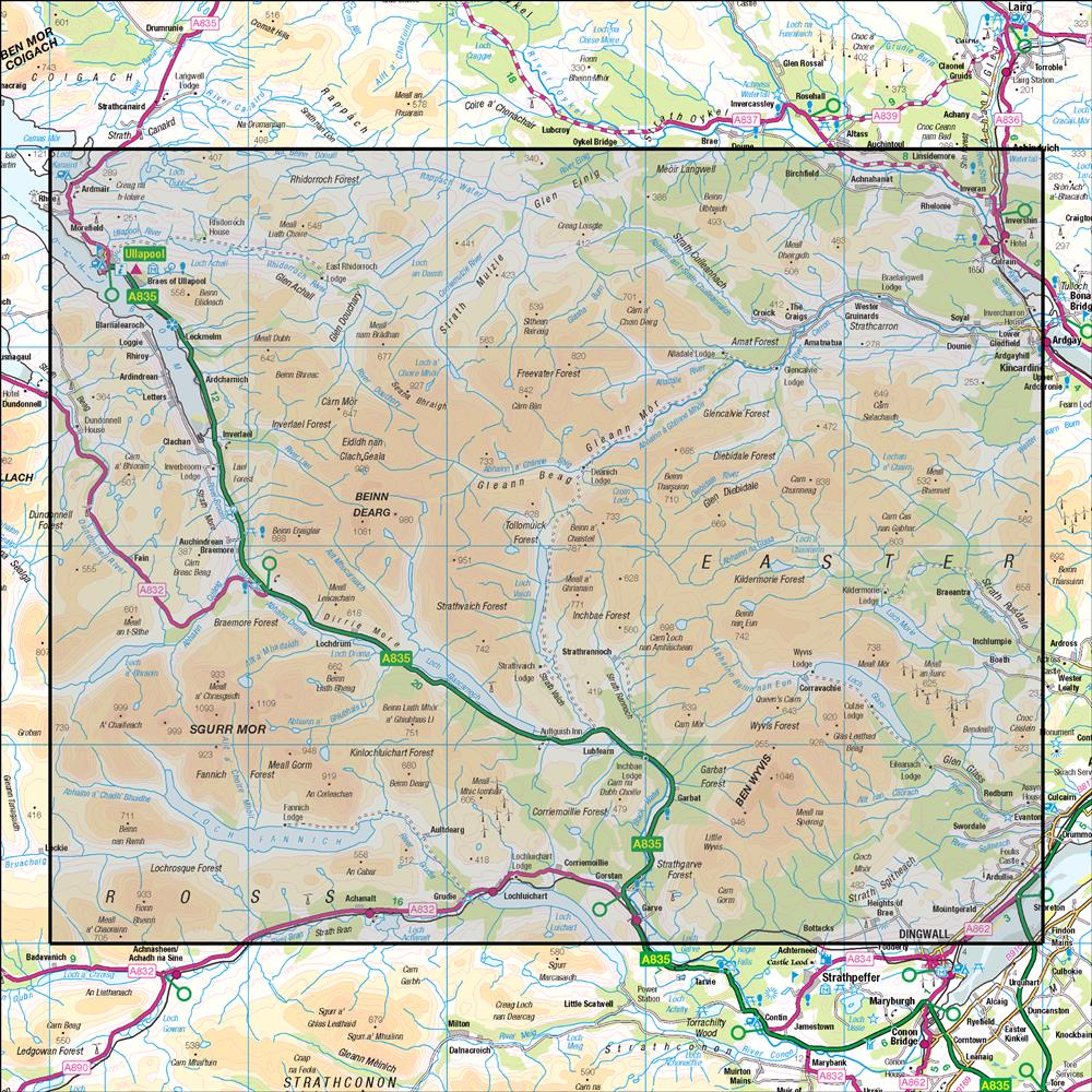 Outdoor Map Navigator image showing the area of the 1:50,000 scale Ordnance Survey Landranger map 20 Beinn Dearg & Loch Broom Ben Wyvis