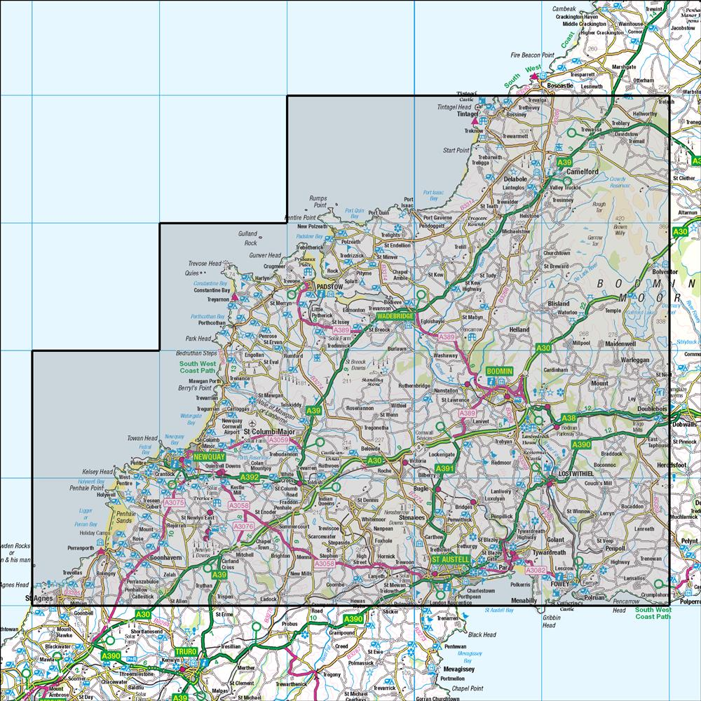 Outdoor Map Navigator image showing the area of the 1:50,000 scale Ordnance Survey Landranger map 200 Newquay & Bodmin Camelford & St Austell