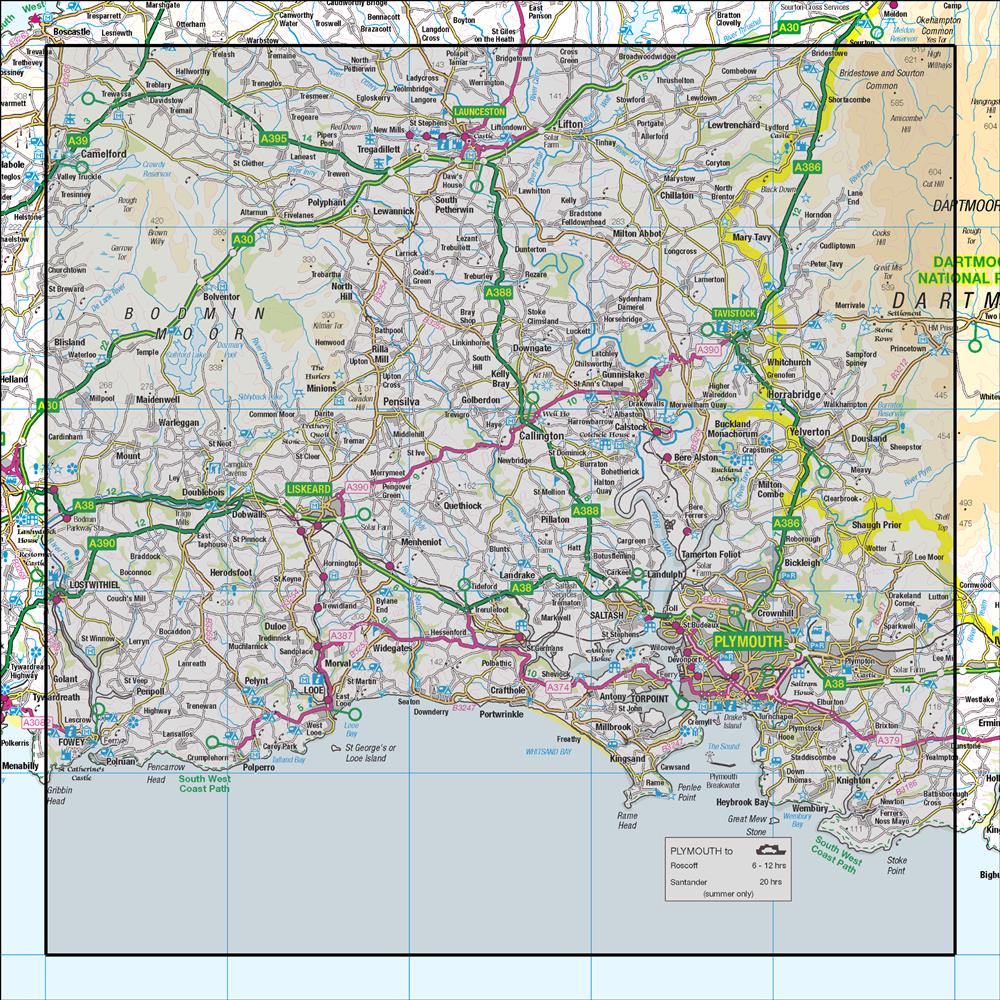 Outdoor Map Navigator image showing the area of the 1:50,000 scale Ordnance Survey Landranger map 201 Plymouth & Launceston Tavistock & Looe