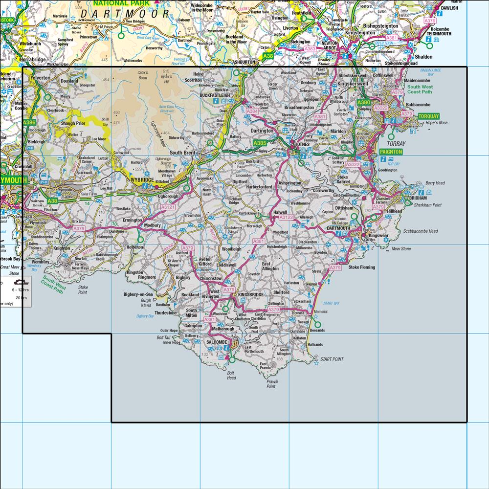 Outdoor Map Navigator image showing the area of the 1:50,000 scale Ordnance Survey Landranger map 202 Torbay & South Dartmoor Totnes & Salcombe