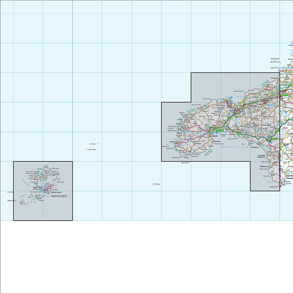Outdoor Map Navigator image showing the area of the 1:50,000 scale Ordnance Survey Landranger map 203 Land's End & Isles of Scilly St Ives & Lizard Point