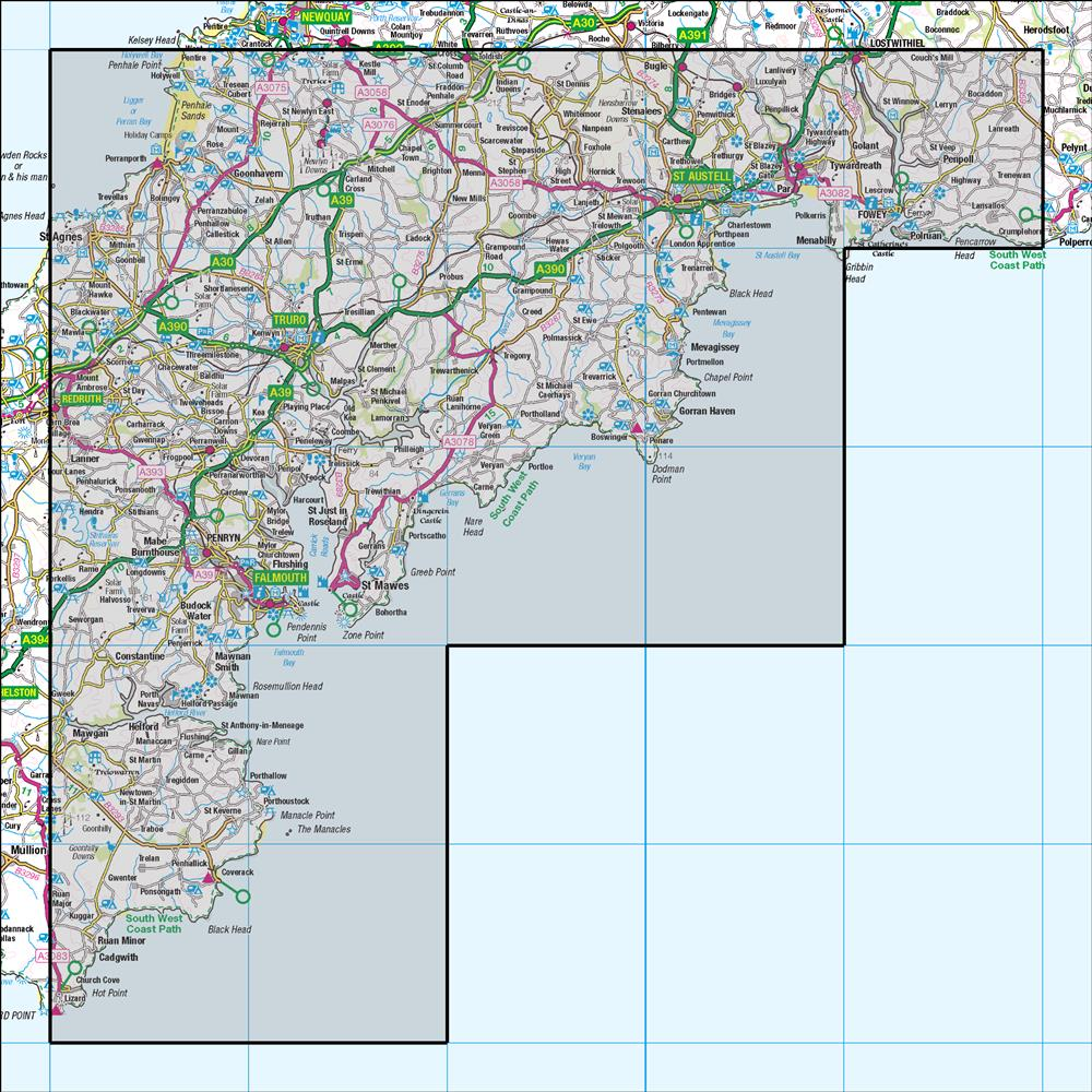 Outdoor Map Navigator image showing the area of the 1:50,000 scale Ordnance Survey Landranger map 204 Truro & Falmouth Roseland Peninsula