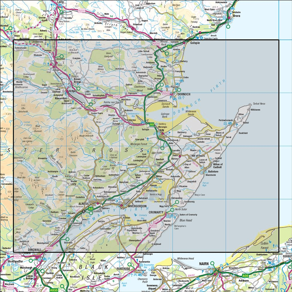Outdoor Map Navigator image showing the area of the 1:50,000 scale Ordnance Survey Landranger map 21 Dornoch & Alness Invergordon & Tain