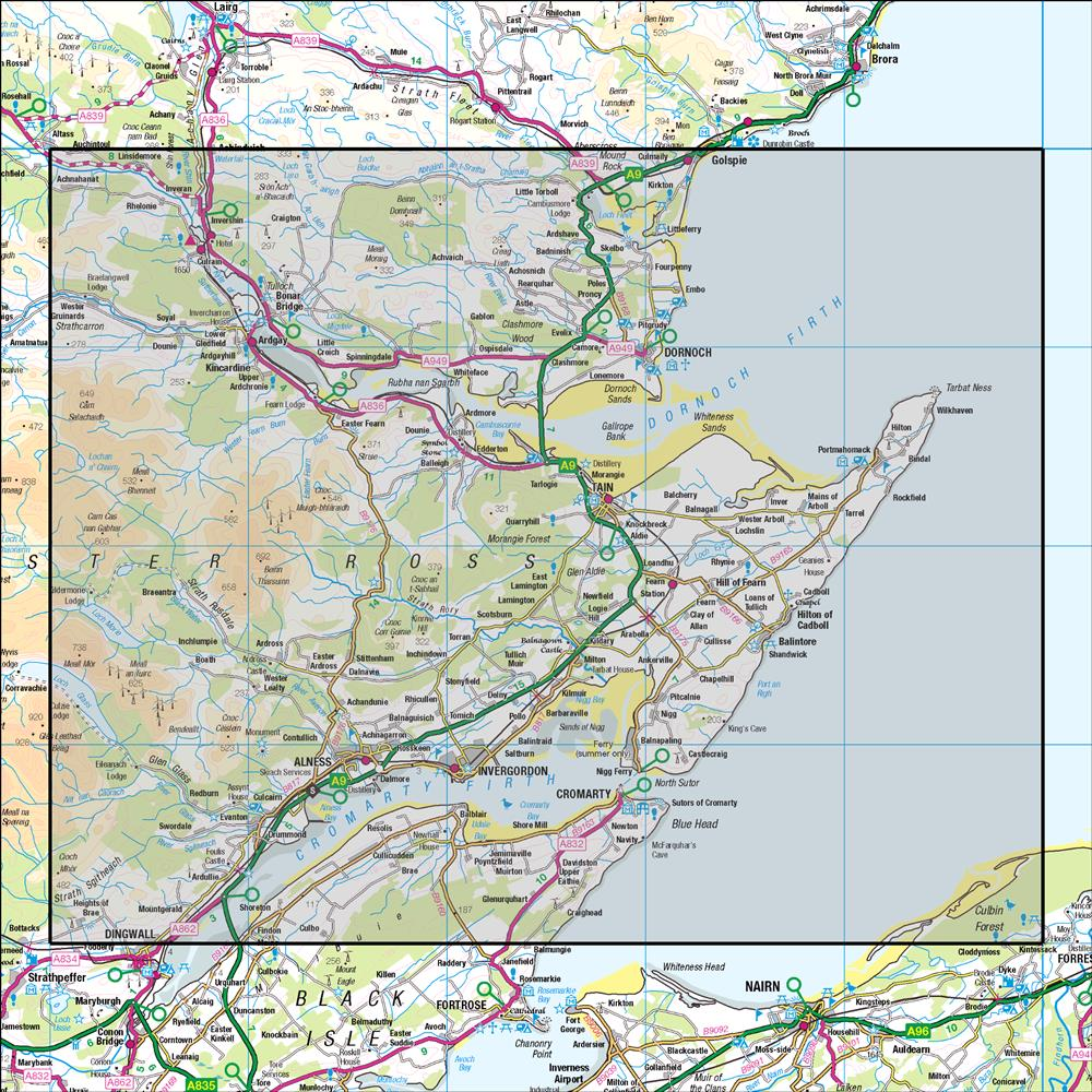 Outdoor Map Navigator image showing the area of the 1:50,000 scale Ordnance Survey Landranger map 21 Dornoch & Alness Invergordon & Tain