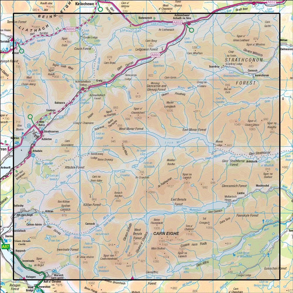 Outdoor Map Navigator image showing the area of the 1:50,000 scale Ordnance Survey Landranger map 25 Glen Carron & Glen Affric
