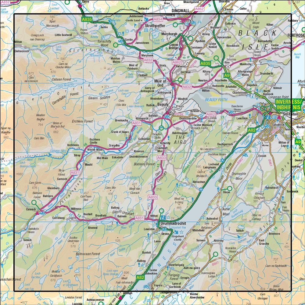 Outdoor Map Navigator image showing the area of the 1:50,000 scale Ordnance Survey Landranger map 26 Inverness & Loch Ness Strathglass