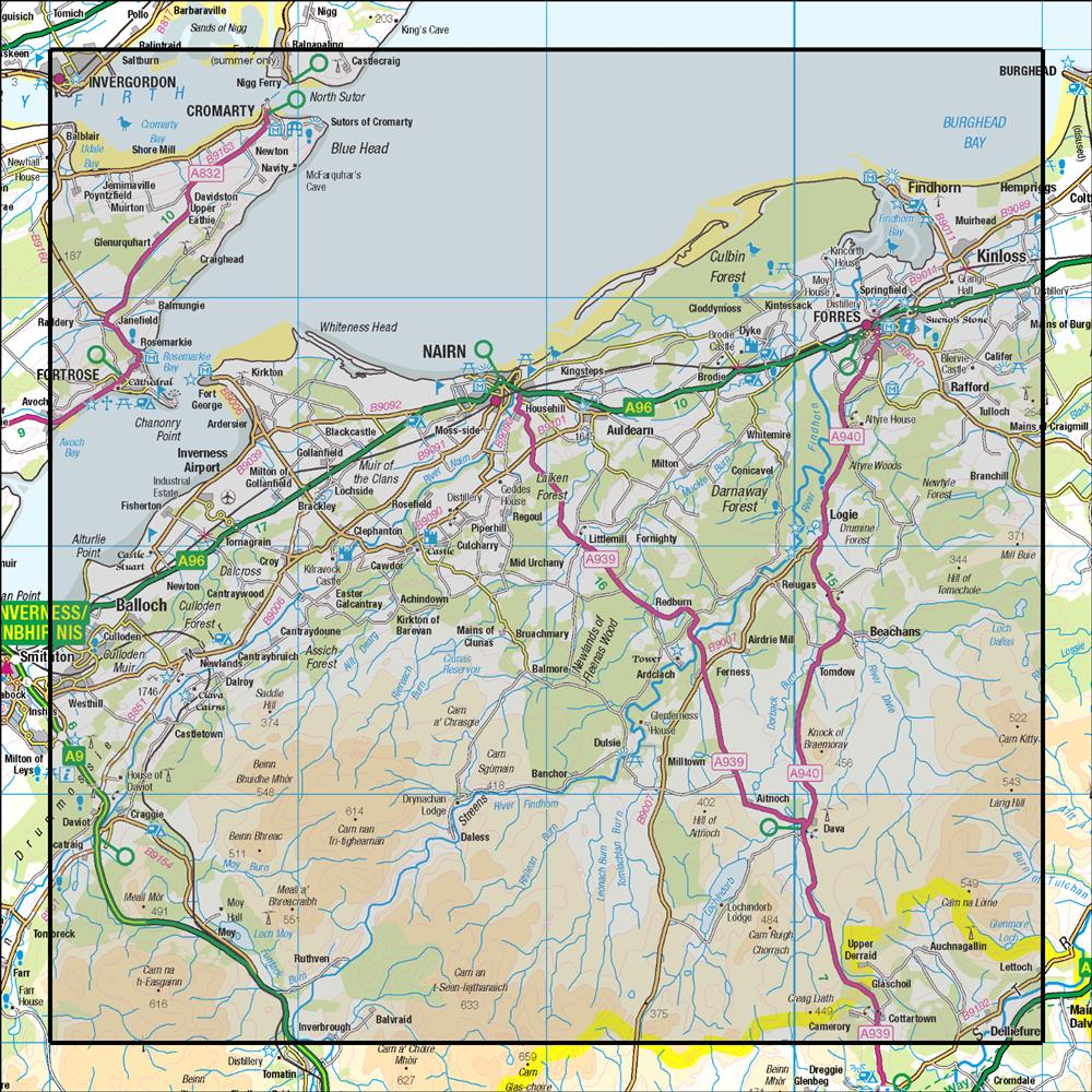 Outdoor Map Navigator image showing the area of the 1:50,000 scale Ordnance Survey Landranger map 27 Nairn & Forres River Findhorn