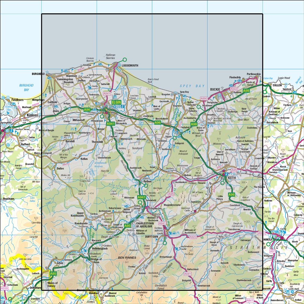 Outdoor Map Navigator image showing the area of the 1:50,000 scale Ordnance Survey Landranger map 28 Elgin & Dufftown Buckie & Keith