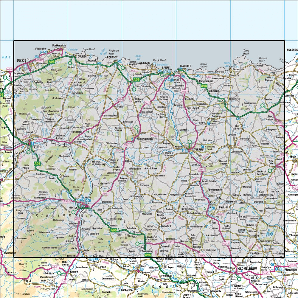 Outdoor Map Navigator image showing the area of the 1:50,000 scale Ordnance Survey Landranger map 29 Banff & Huntly Portsoy & Turriff