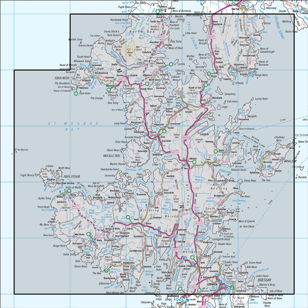 Outdoor Map Navigator image showing the area of the 1:50,000 scale Ordnance Survey Landranger map 3 Shetland North Mainland