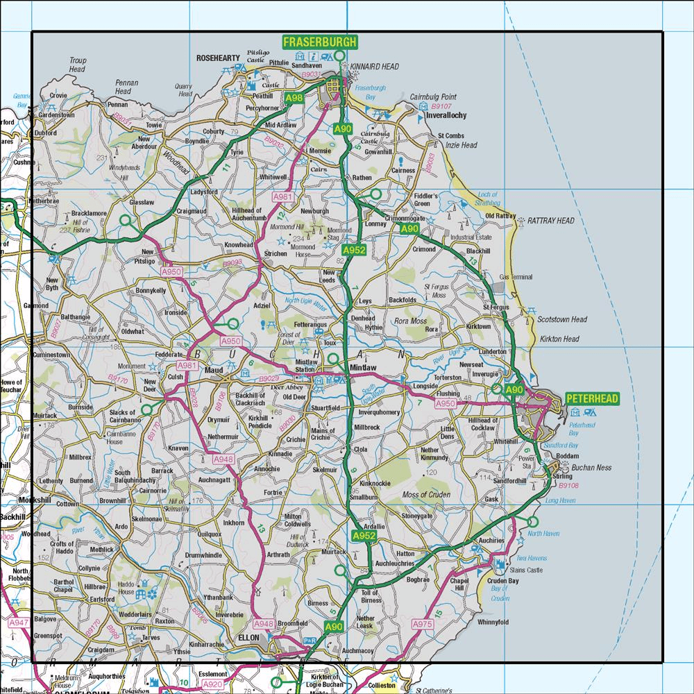 Outdoor Map Navigator image showing the area of the 1:50,000 scale Ordnance Survey Landranger map 30 Fraserburgh Peterhead & Ellon