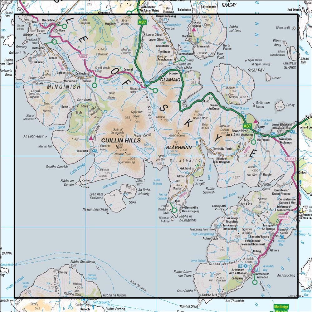 Outdoor Map Navigator image showing the area of the 1:50,000 scale Ordnance Survey Landranger map 32 South Skye & Cuillin Hills