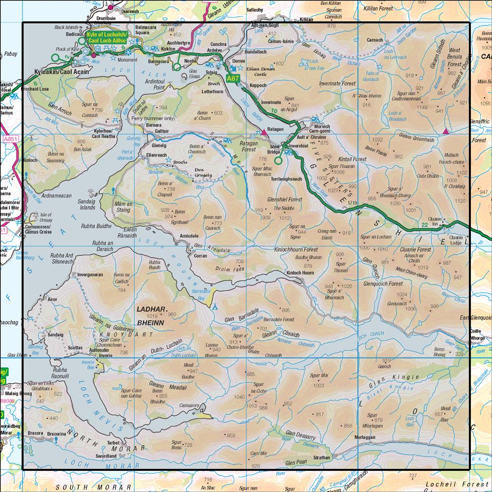 Outdoor Map Navigator image showing the area of the 1:50,000 scale Ordnance Survey Landranger map 33 Loch Alsh, Glen Shiel & Loch Hourn