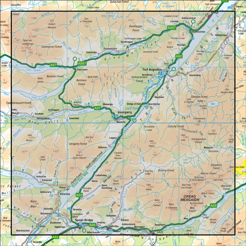 Outdoor Map Navigator image showing the area of the 1:50,000 scale Ordnance Survey Landranger map 34 Fort Augustus Glen Albyn & Glen Roy