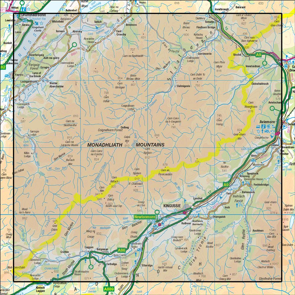 Outdoor Map Navigator image showing the area of the 1:50,000 scale Ordnance Survey Landranger map 35 Kingussie & Monadhliath Mountains
