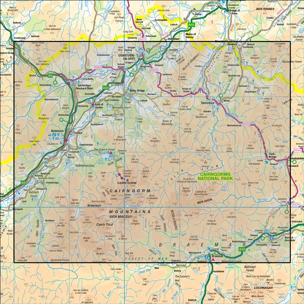 Outdoor Map Navigator image showing the area of the 1:50,000 scale Ordnance Survey Landranger map 36 Grantown & Aviemore Cairngorm Mountains