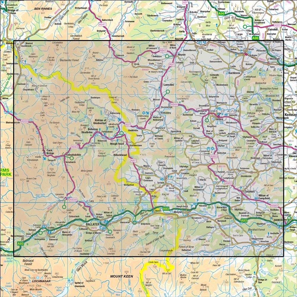 Outdoor Map Navigator image showing the area of the 1:50,000 scale Ordnance Survey Landranger map 37 Strathdon & Alford