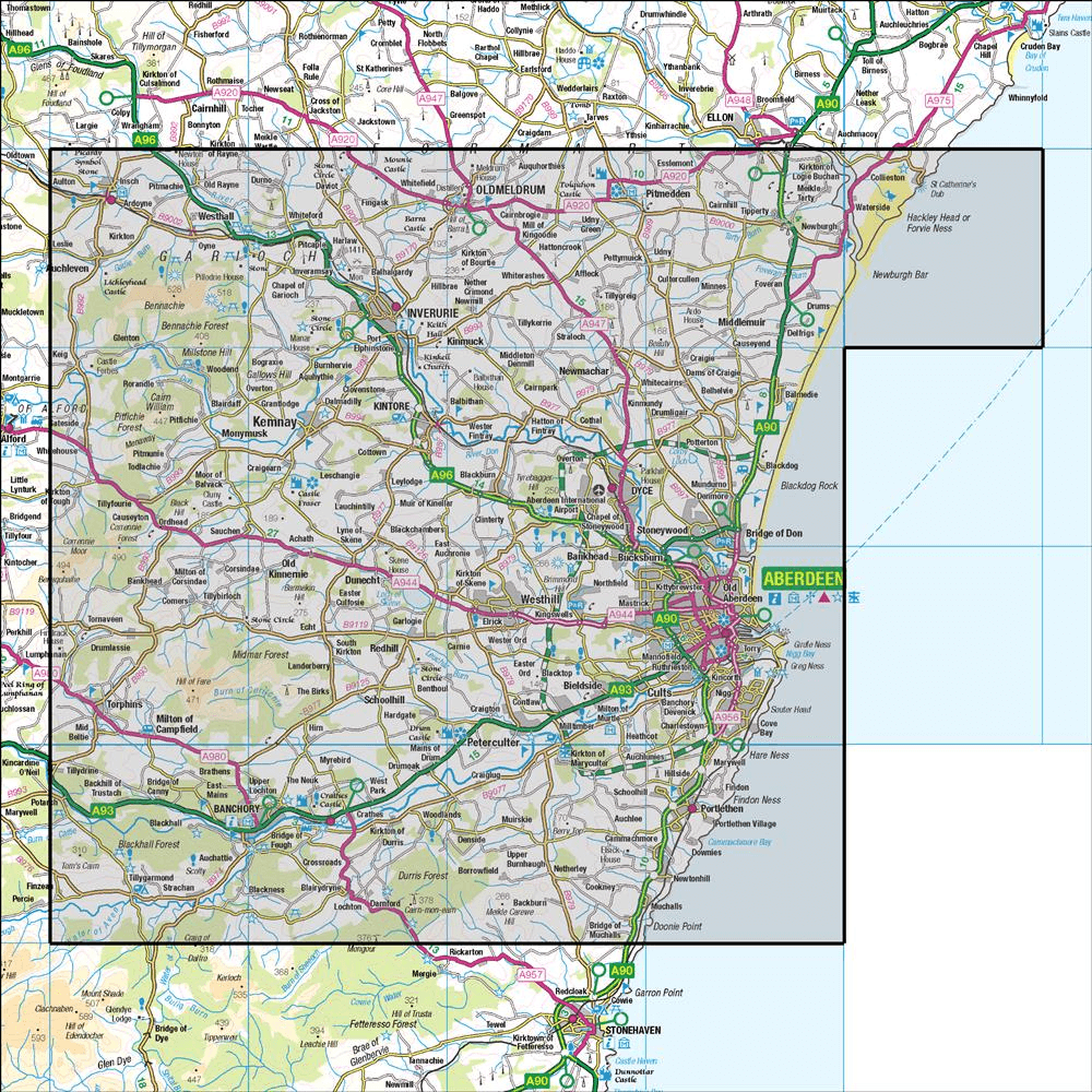 Outdoor Map Navigator image showing the area of the 1:50,000 scale Ordnance Survey Landranger map 38 Aberdeen Inverurie & Pitmedden
