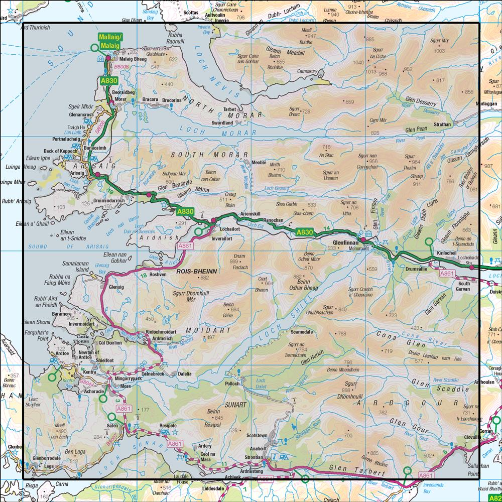 Outdoor Map Navigator image showing the area of the 1:50,000 scale Ordnance Survey Landranger map 40 Mallaig & Glenfinnan Loch Shiel