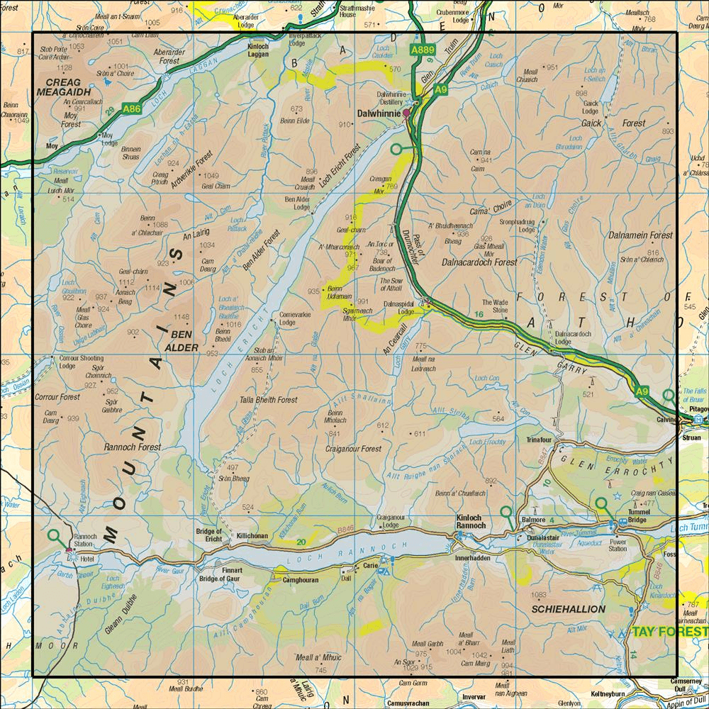 Outdoor Map Navigator image showing the area of the 1:50,000 scale Ordnance Survey Landranger map 42 Glen Garry & Loch Rannoch