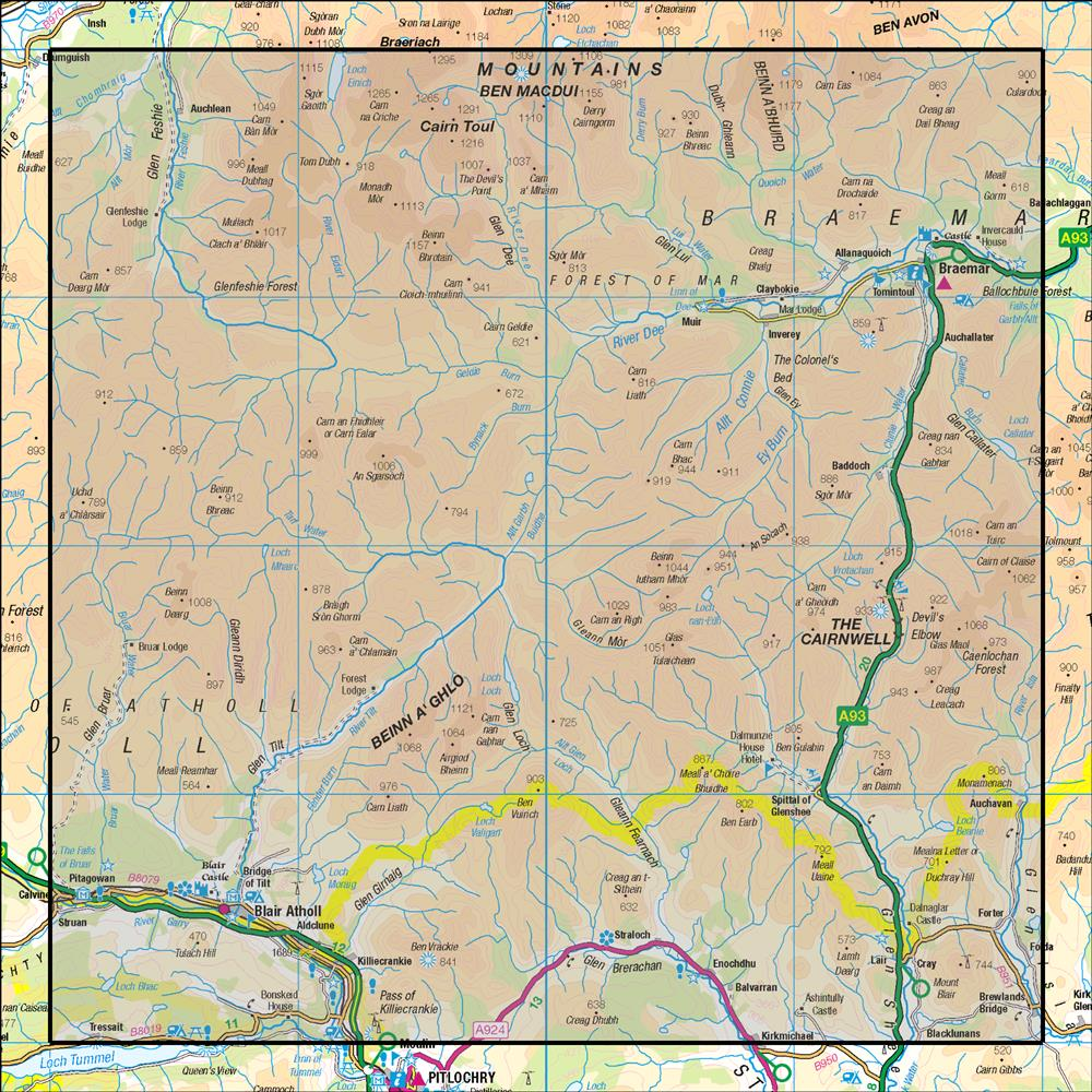 Outdoor Map Navigator image showing the area of the 1:50,000 scale Ordnance Survey Landranger map 43 Braemar & Blair Atholl