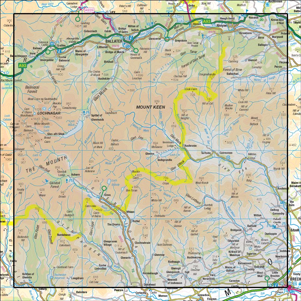 Outdoor Map Navigator image showing the area of the 1:50,000 scale Ordnance Survey Landranger map 44 Ballater & Glen Clova