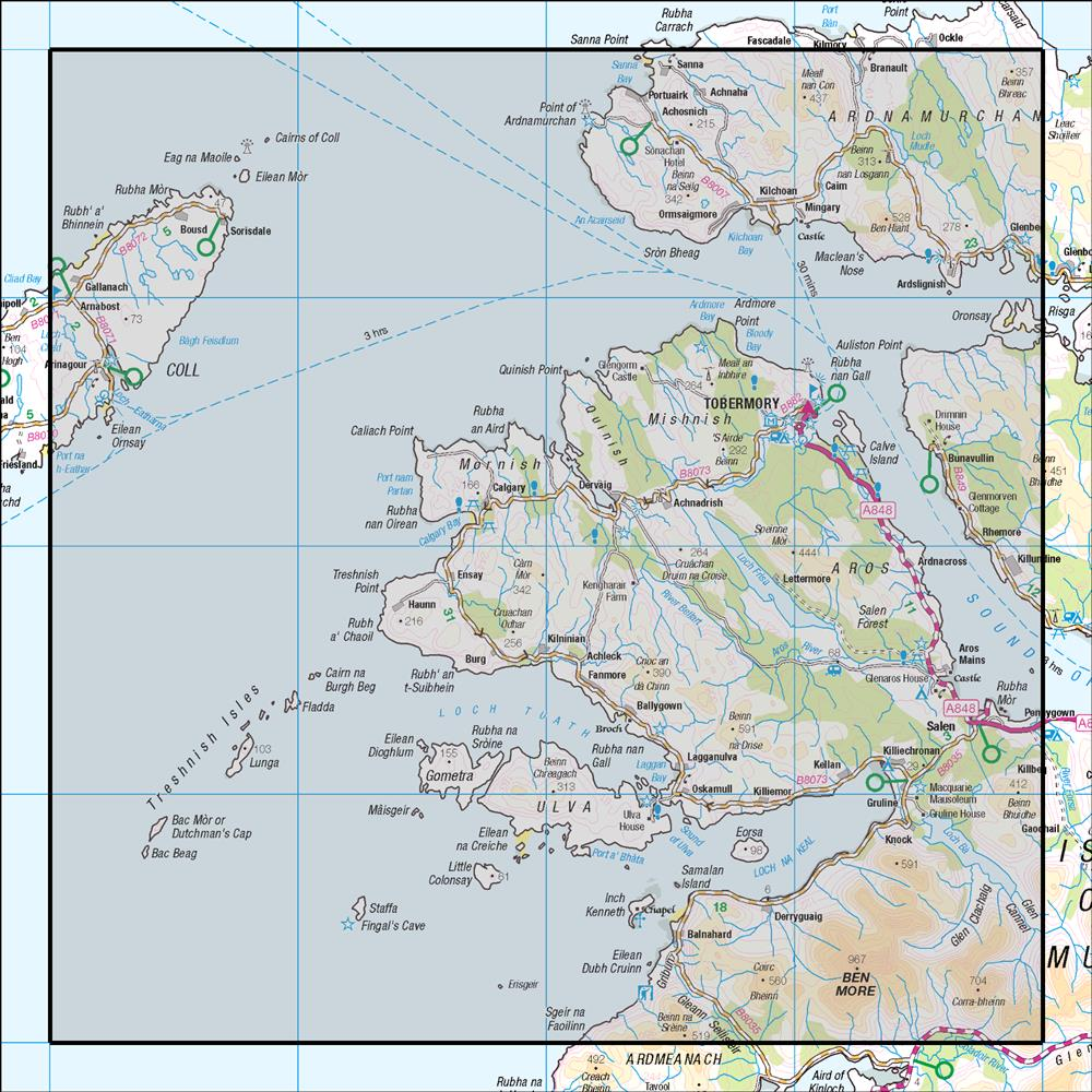 Outdoor Map Navigator image showing the area of the 1:50,000 scale Ordnance Survey Landranger map 47 Tobermory & North Mull