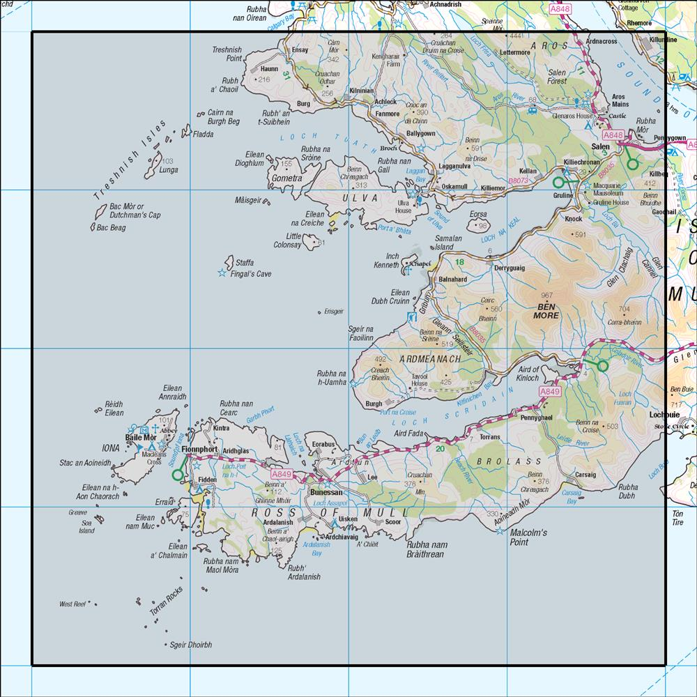 Outdoor Map Navigator image showing the area of the 1:50,000 scale Ordnance Survey Landranger map 48 Iona & West Mull Ulva