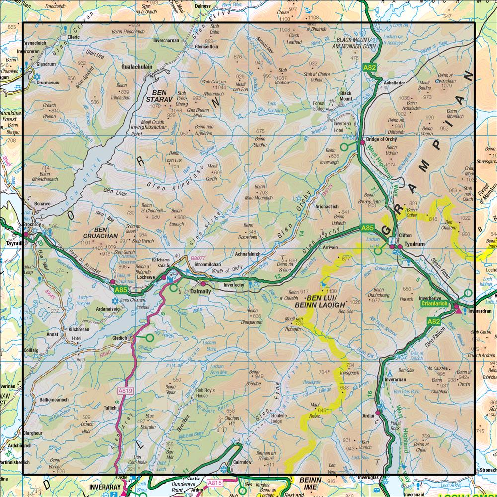 Outdoor Map Navigator image showing the area of the 1:50,000 scale Ordnance Survey Landranger map 50 Glen Orchy & Loch Etive