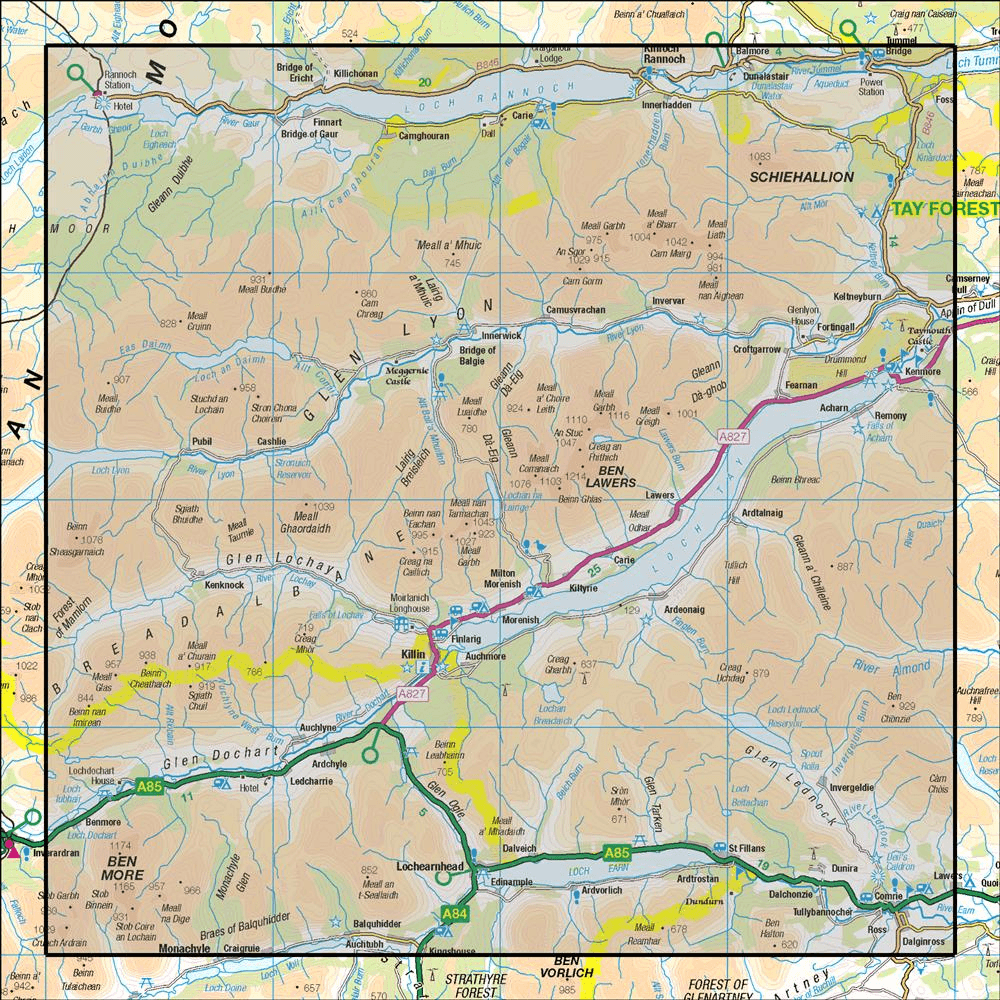 Outdoor Map Navigator image showing the area of the 1:50,000 scale Ordnance Survey Landranger map 51 Loch Tay & Glen Dochart